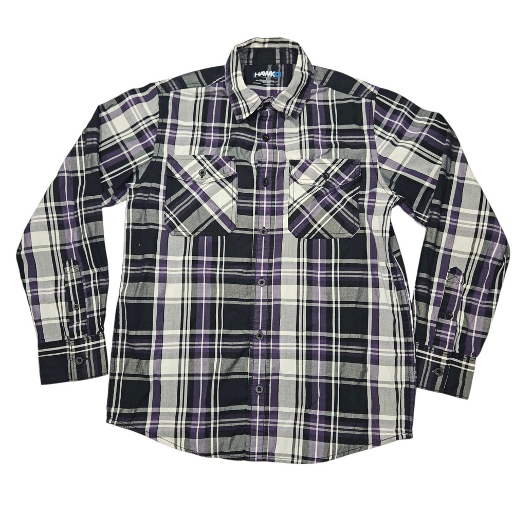 Tony Hawk Boys Plaid Button Down Shirt Purple Black White Sz L